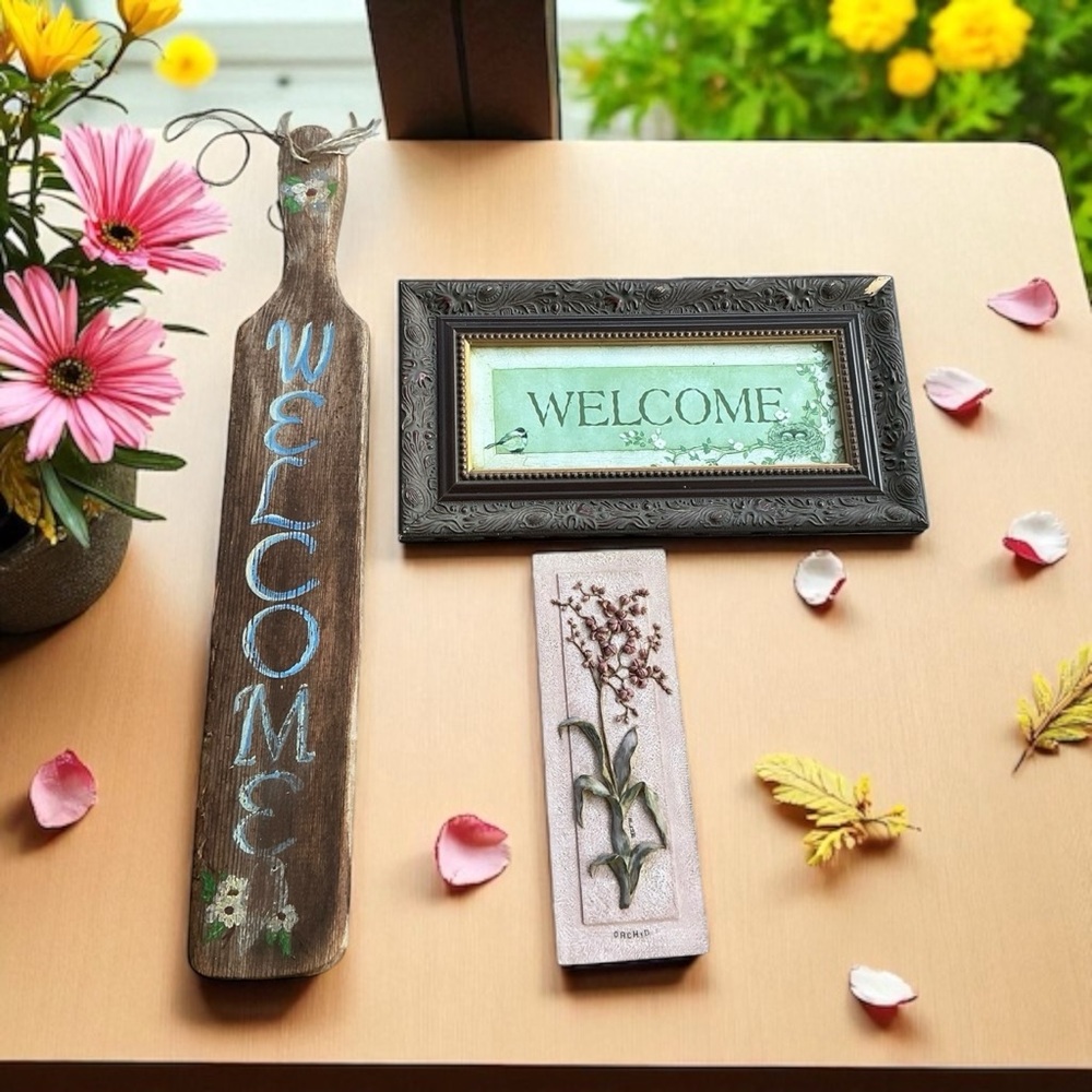 Vintage Cottagecore Welcome Bundle Rustic Paddle Framed Print Ceramic Orchid